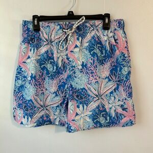 Simply Southern Outfitters Mens Blue Pink Crab Starfish Swim Trunks Large Keycha